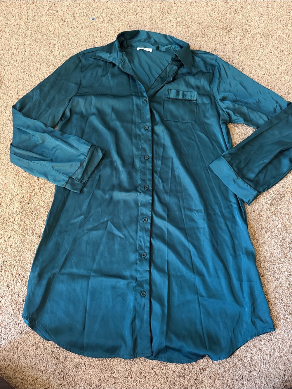 Satin Button-Front Sleep Shirt - Teal